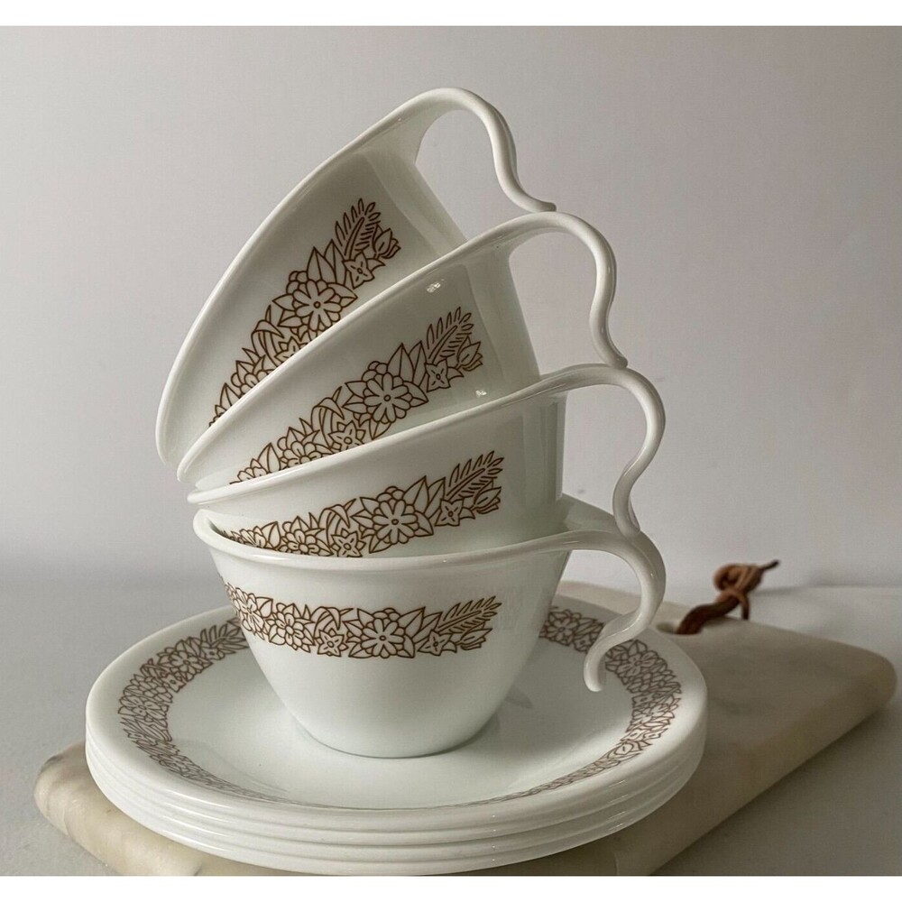 Corelle Butterfly Gold Tea Cups and Saucers Set of 4‎ Vintage Corning USA White